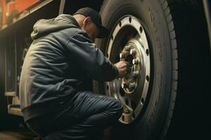 auto monteur veranderen een auto band Bij een auto reparatie onderhoud station. monteur veranderen een auto wiel met een moersleutel in een garage. ai gegenereerd pro foto