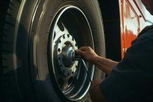 auto monteur veranderen een auto band Bij een auto reparatie onderhoud station. monteur veranderen een auto wiel met een moersleutel in een garage. ai gegenereerd pro foto