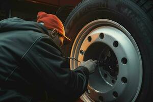 auto monteur veranderen een auto band Bij een auto reparatie onderhoud station. monteur veranderen een auto wiel met een moersleutel in een garage. ai gegenereerd pro foto