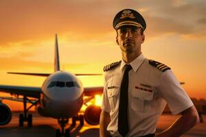 portret van knap piloot in uniform staand in voorkant van vliegtuig Bij luchthaven. ai gegenereerd pro foto