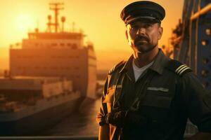 portret van zelfverzekerd mannetje piloot staand met handen Aan heupen en op zoek Bij camera terwijl staand tegen lading schip Bij zonsondergang. ai gegenereerd pro foto