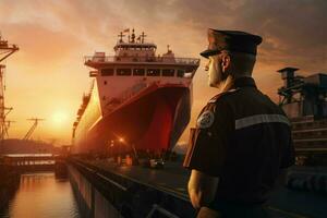 portret van zelfverzekerd mannetje piloot staand met handen Aan heupen en op zoek Bij camera terwijl staand tegen lading schip Bij zonsondergang. ai gegenereerd pro foto