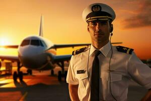 portret van knap piloot in uniform staand in voorkant van vliegtuig Bij luchthaven. ai gegenereerd pro foto