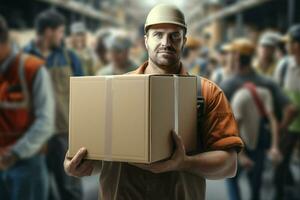 portret van een mannetje arbeider Holding een doos in een magazijn. levering onderhoud concept. ai gegenereerd pro foto