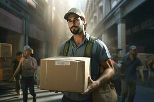 portret van een mannetje arbeider Holding een doos in een magazijn. levering onderhoud concept. ai gegenereerd pro foto