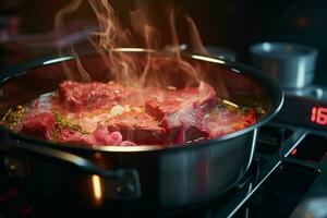 dichtbij omhoog van rundvlees steaks wezen gegrild Aan barbecue rooster met rook, gegrild rundvlees steaks Aan een barbecue grillen. Ondiep diepte van veld. ai gegenereerd pro foto
