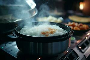 Koken rijst- in heet pot met stoom- Aan fornuis, detailopname. ai gegenereerd pro foto