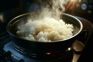 Koken rijst- in heet pot met stoom- Aan fornuis, detailopname. ai gegenereerd pro foto