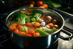 groente stoofpot in een pot Aan de vuur, detailopname. ai gegenereerd pro foto