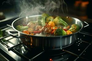 groente stoofpot in een pot Aan de vuur, detailopname. ai gegenereerd pro foto