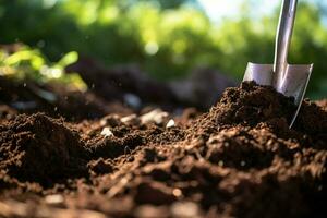 tuinieren gereedschap Aan vruchtbaar bodem achtergrond. tuinieren en landbouw concept. ai gegenereerd pro foto