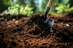 tuinieren gereedschap Aan vruchtbaar bodem achtergrond. tuinieren en landbouw concept. ai gegenereerd pro foto