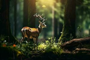 majestueus rood hert hert in de Woud. mooi wild hert in de Woud. dieren in het wild tafereel van natuur. ai gegenereerd pro foto