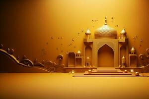 3d illustratie van eid mubarak achtergrond met moskee en gouden lantaarns. ai gegenereerd pro foto