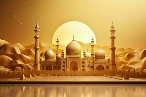 3d illustratie van eid mubarak achtergrond met moskee en gouden lantaarns. ai gegenereerd pro foto