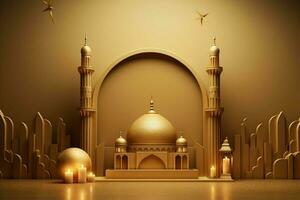 3d illustratie van eid mubarak achtergrond met moskee en gouden lantaarns. ai gegenereerd pro foto