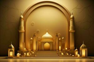 3d illustratie van eid mubarak achtergrond met moskee en gouden lantaarns. ai gegenereerd pro foto