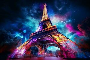 eiffel toren in neon stijl Aan de achtergrond van de nacht lucht, eiffel toren Bij nacht in Parijs, Frankrijk. ai gegenereerd pro foto