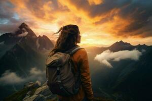 wandelen vrouw met rugzak staand Aan top van een berg en op zoek Bij de zonsondergang. ai gegenereerd pro foto