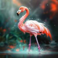 flamingo in de water. mooi flamingo Aan een achtergrond van tropisch planten. ai gegenereerd pro foto