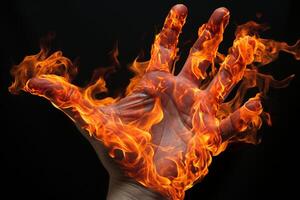 hand- met brand Aan een zwart achtergrond. detailopname van menselijk hand. ai gegenereerd pro foto