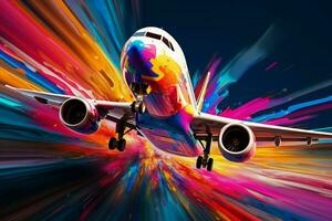 vliegtuig in vlucht met kleurrijk abstract achtergrond. ai gegenereerd pro foto