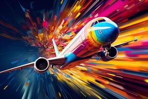 vliegtuig in vlucht met kleurrijk abstract achtergrond. ai gegenereerd pro foto