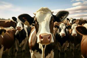 kudde van zwart en wit koeien in een rij Aan een boerderij. kudde van koeien in een weide Aan een zonnig dag. ai gegenereerd pro foto