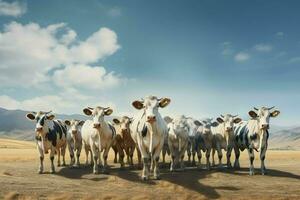 kudde van zwart en wit koeien in een rij Aan een boerderij. kudde van koeien in een weide Aan een zonnig dag. ai gegenereerd pro foto