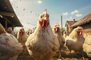 kippen Aan traditioneel vrij reeks gevogelte boerderij. kippen Aan de boerderij. selectief focus. natuur. ai gegenereerd pro foto