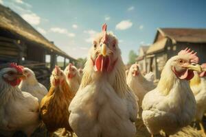 kippen Aan traditioneel vrij reeks gevogelte boerderij. kippen Aan de boerderij. selectief focus. natuur. ai gegenereerd pro foto