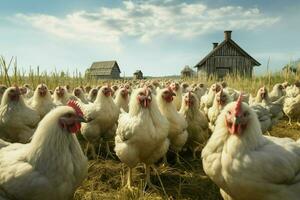 kippen Aan traditioneel vrij reeks gevogelte boerderij. kippen Aan de boerderij. selectief focus. natuur. ai gegenereerd pro foto