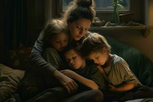 moeder met twee kinderen slapen in bed Bij huis. de concept van familie verhoudingen. ai gegenereerd pro foto