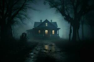 eng halloween spookachtig achtervolgd huis in donker Woud. verschrikking halloween concept. ai gegenereerd pro foto