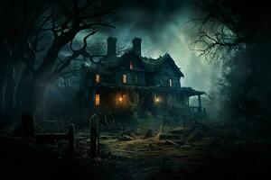 eng halloween spookachtig achtervolgd huis in donker Woud. verschrikking halloween concept. ai gegenereerd pro foto