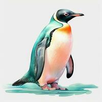 pinguïn Aan een kleurrijk waterverf achtergrond. hand getekend illustratie. ai gegenereerd foto