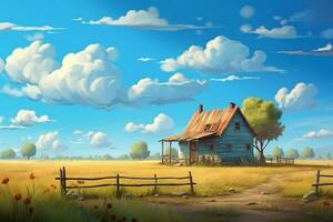 fantasie landschap met een oud houten huis in de platteland. ai gegenereerd pro foto