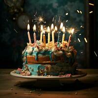 verjaardag taart met brandend kaarsen Aan houten achtergrond. ai gegenereerd foto