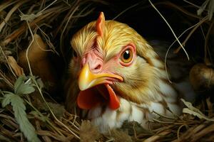 kippen in de nest met eieren, detailopname. ai gegenereerd smartphone met opladen kabel Aan de tafel. ai gegenereerd foto