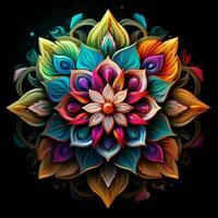 mooi mandala bloem, kleurrijk fractal mandala Aan zwart achtergrond. psychedelisch digitaal kunst. 3d weergave. ai gegenereerd pro foto