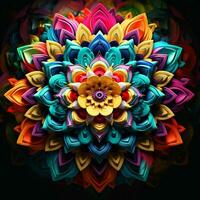 mooi mandala bloem, kleurrijk fractal mandala Aan zwart achtergrond. psychedelisch digitaal kunst. 3d weergave. ai gegenereerd pro foto