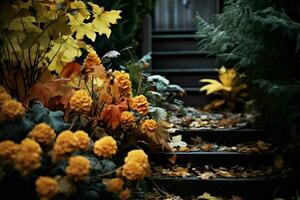 bonsai boom in de oud vaas met herfst bladeren. ai gegenereerd vrij foto