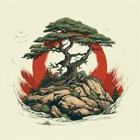 pijnboom boom Aan een rots in de Woud, bonsai boom Aan de berg. ai gegenereerd vrij foto