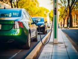 ev elektrisch auto met een laag accu in rekening brengen Bij een elektrisch opladen station.generatief ai. foto