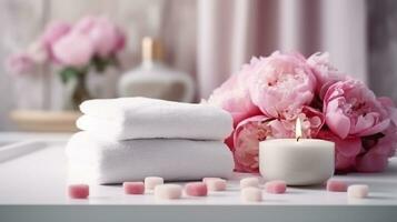 spa reeks van spa behandeling elementen Aan wit houten, pioenrozen wit handdoek, roze kruiden zout.generatief ai. foto