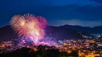 mooi kleurrijk vuurwerk Scherm voor viering Aan de nacht.generatief ai. foto