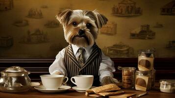 hond gekleed barista portie koffie in de koffie winkel.generatief ai. foto