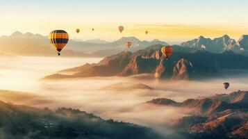 kleurrijk heet lucht ballonnen vlotter over- berg met blauw hemel.generatief ai. foto