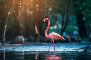 roze flamingo wandelingen naast de rivier- in de Woud .generatief ai. foto