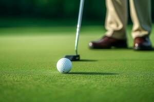 golfspeler zetten golf bal Aan de groen golf met blauw hemel.generatief ai. foto